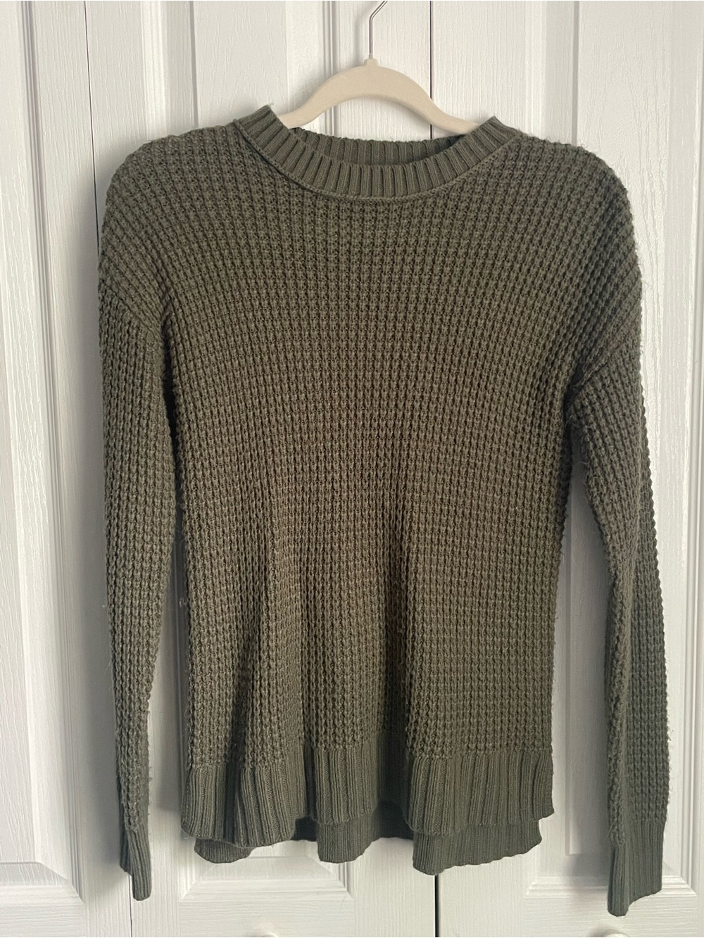 SO Olive Waffle-Knit Crew Neck Sweater